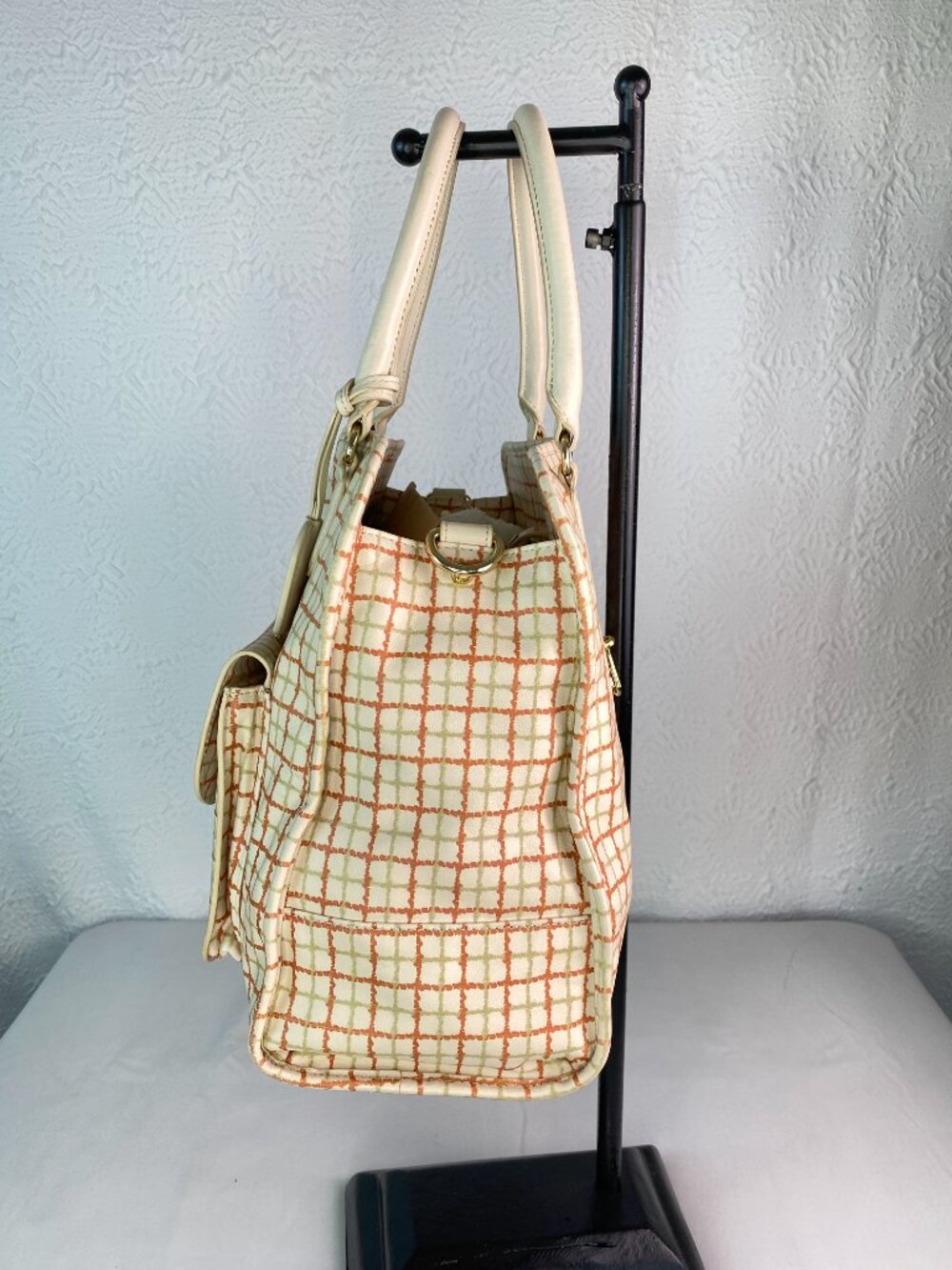 Tory Burch Priscilla Grid Satchel Ivory Orange Leather Top Handle 🌼 Arden - Picture 7 of 17